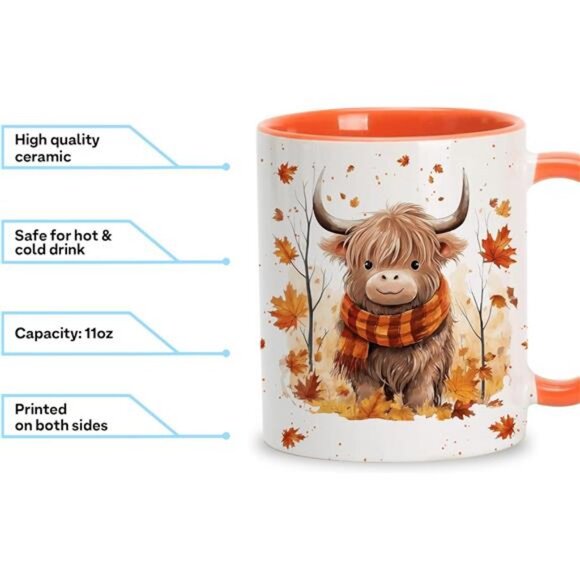 Hyturtle Fall Highland Cow Maple Leaves Coffee Mug - Birthday Gifts For Cow - Picture 4 of 7